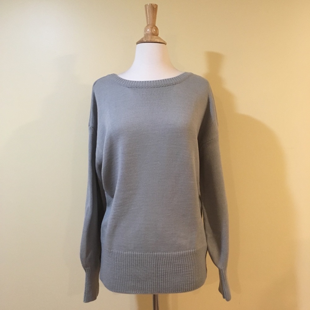 Open Bow Tie Back Chunky Knit Slouchy Sweater Grey - Picture 7 of 8
